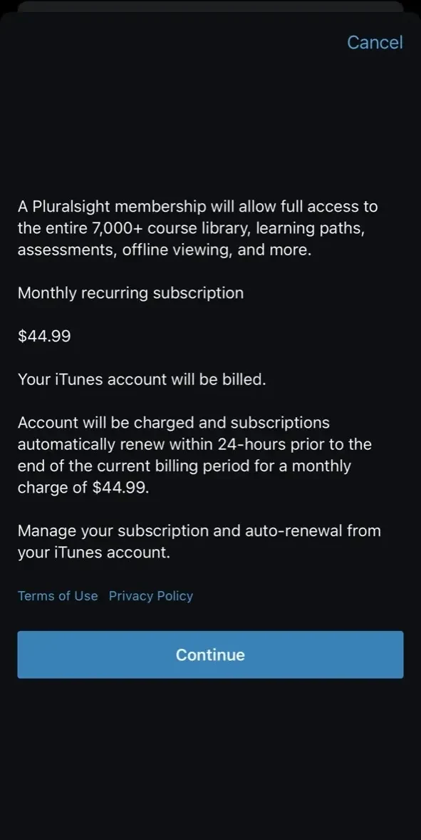Pluralsight paywall screen