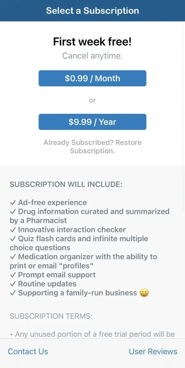 Pocket Pharmacist paywall screen