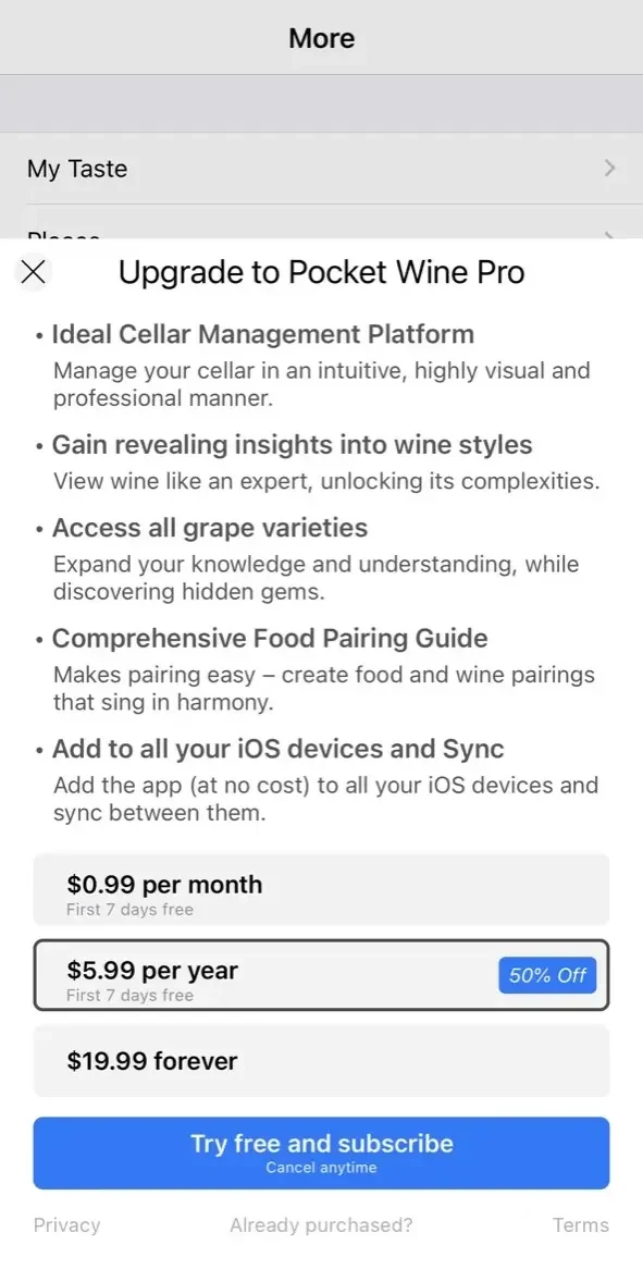 Pocket Wine Pairing paywall screen
