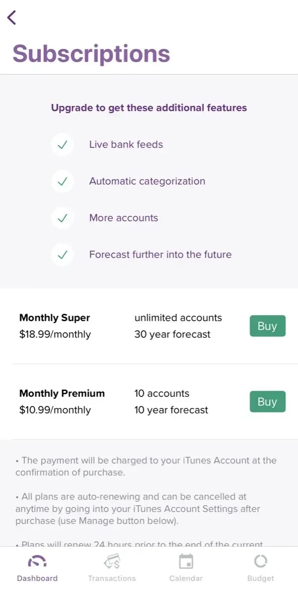 PocketSmith Sidekick paywall screen