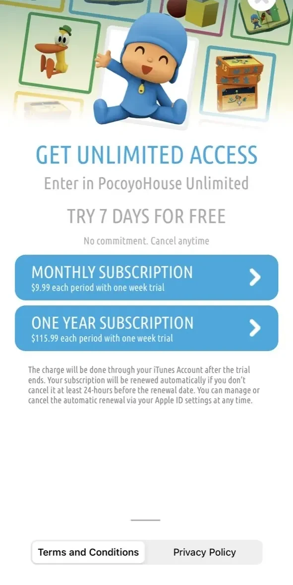 Pocoyo House paywall screen