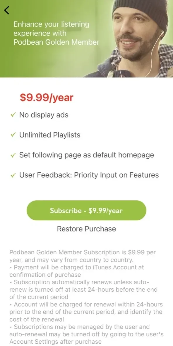 Podbean Podcast App paywall screen