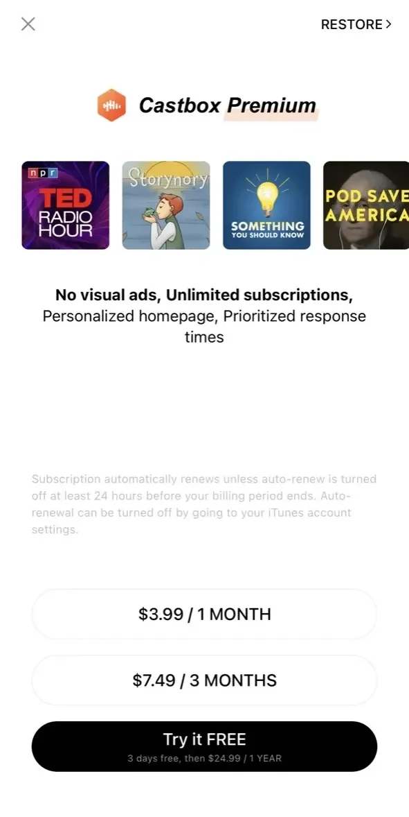 Podcast App & Player paywall screen