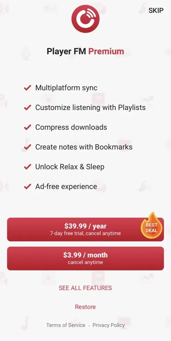 Player FM paywall screen
