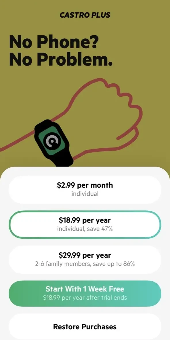 Castro Podcast Player paywall screen