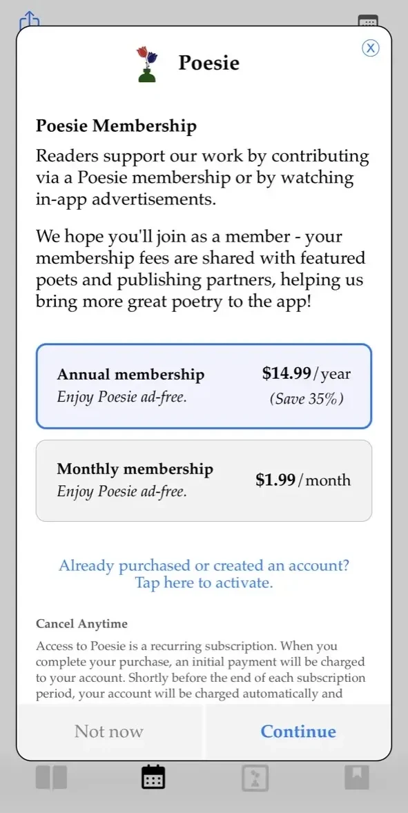 Poesie paywall screen
