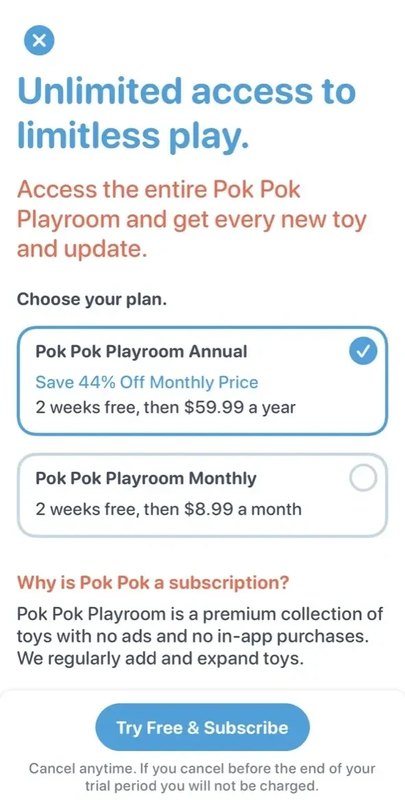 Pok Pok paywall screen