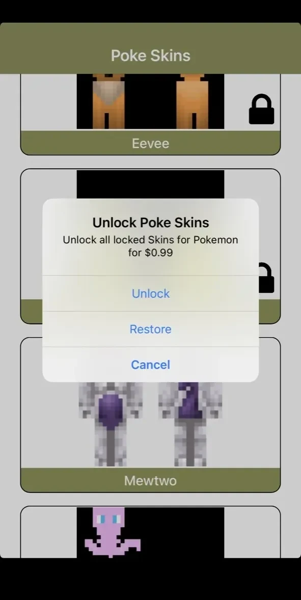 Poke Skins for Minecraft paywall screen