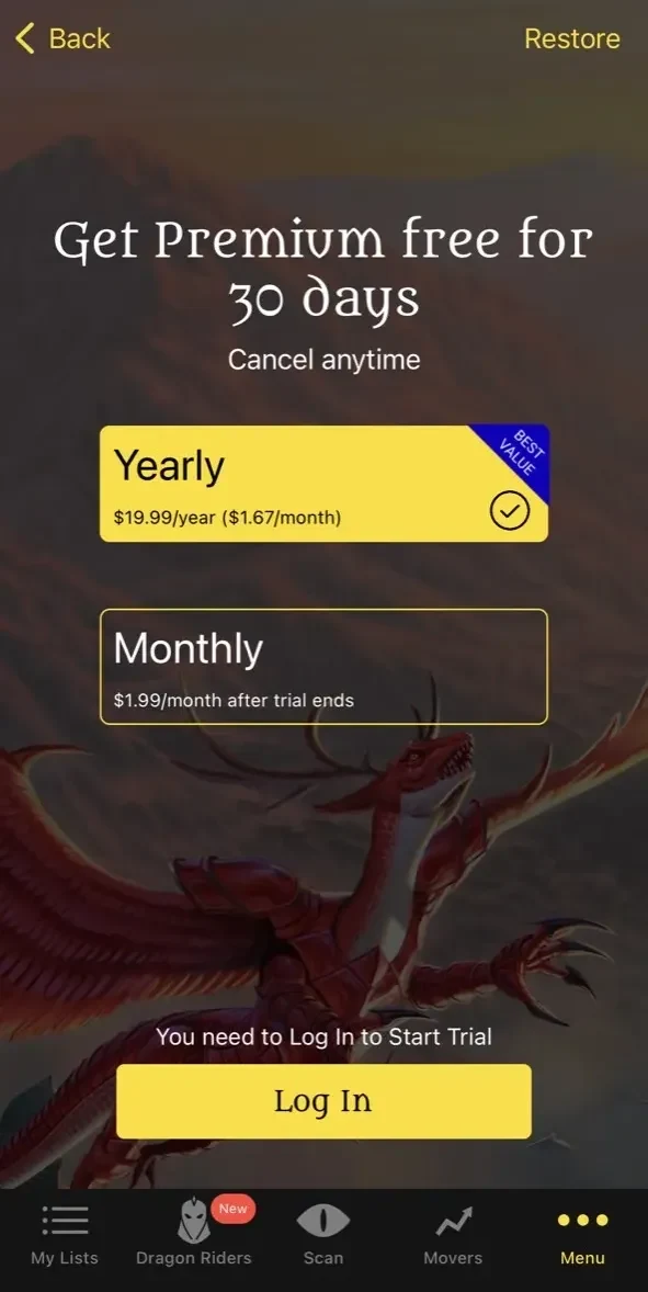 Poké TCG Scanner Dragon Shield paywall screen