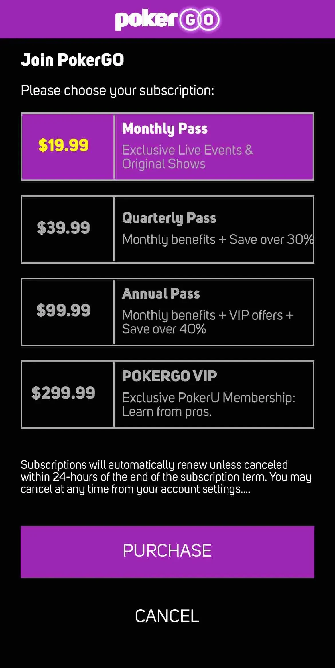 PokerGO paywall screen