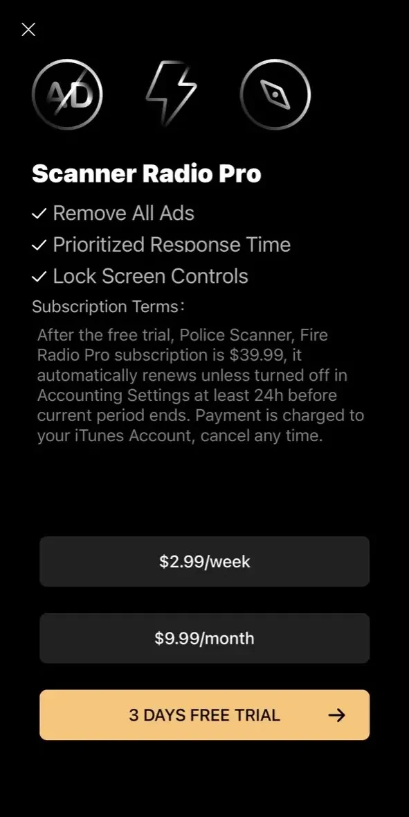 Police Scanner paywall screen