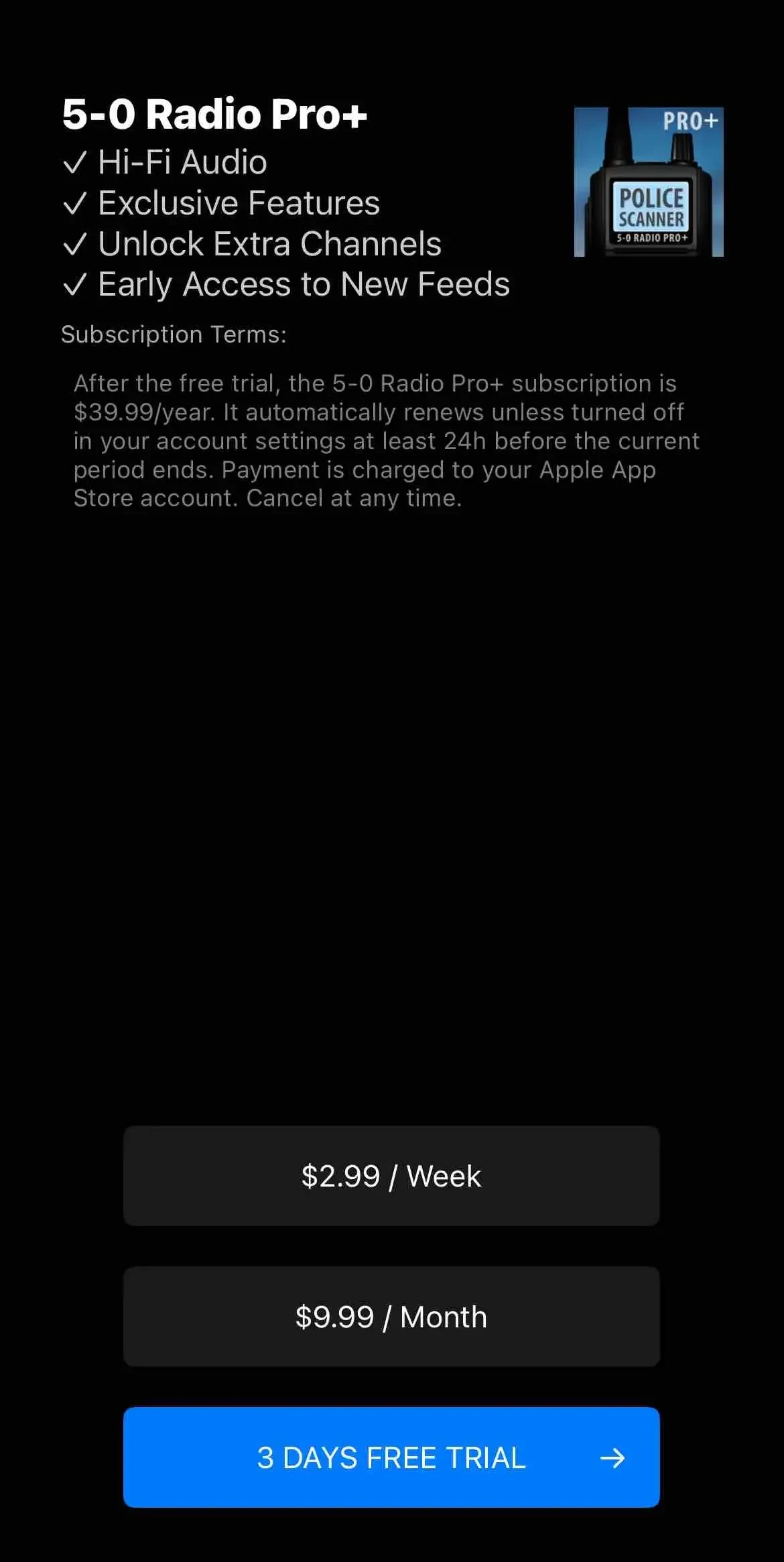 5-0 Radio Pro Police Scanner paywall screen