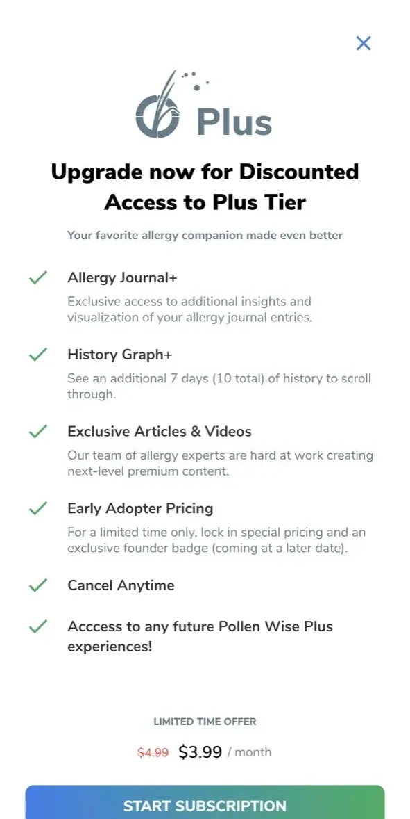 Pollen Wise paywall screen