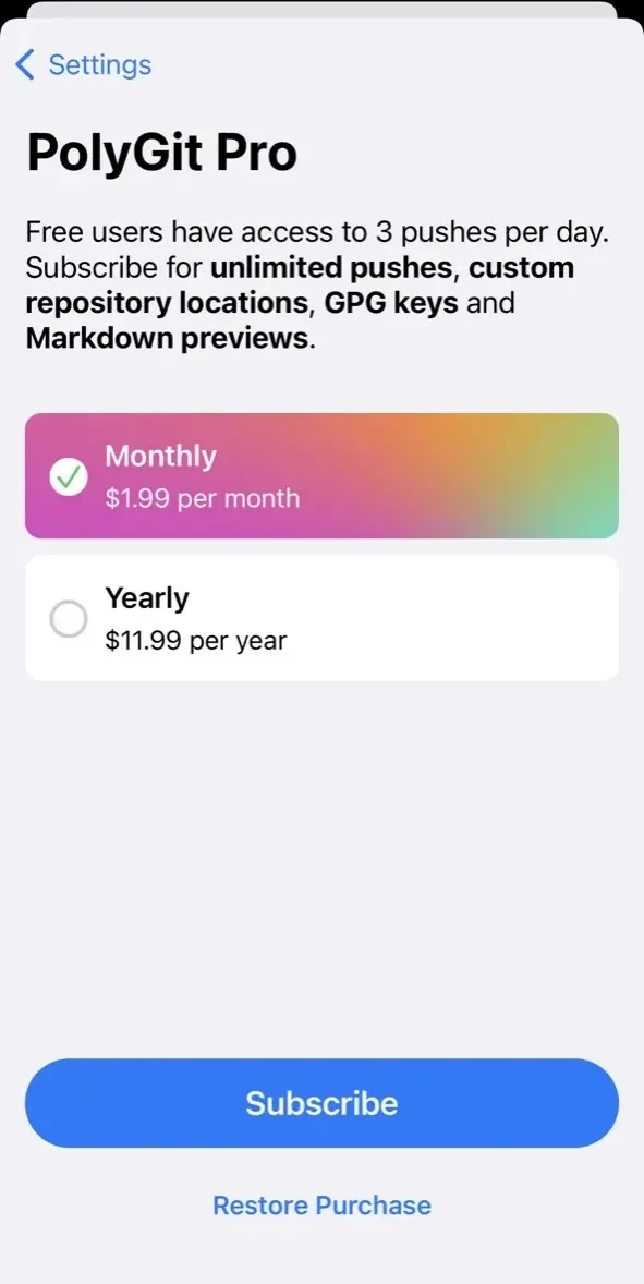 PolyGit Git Client paywall screen