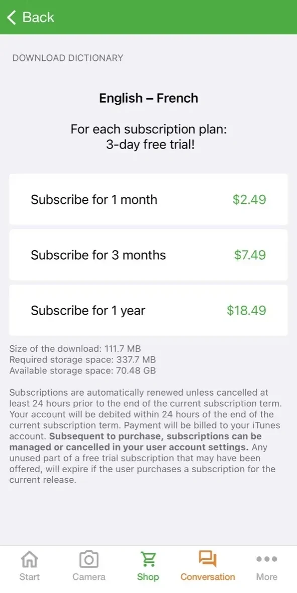 PONS Translate paywall screen