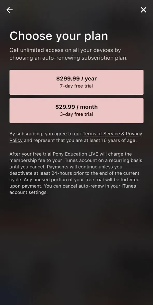 Pony Education LIVE paywall screen
