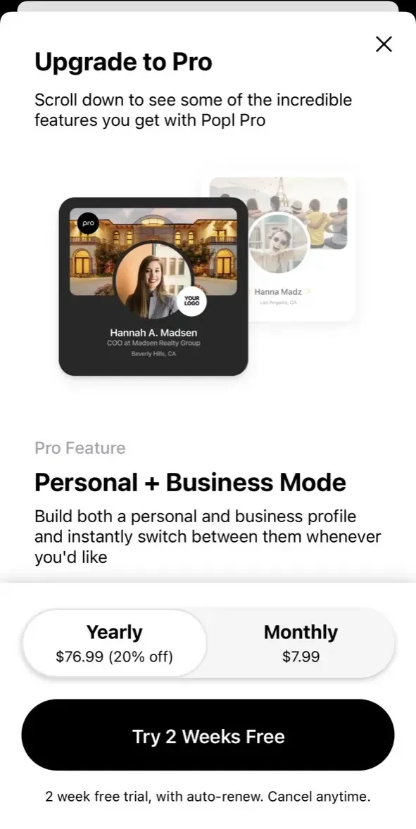 Popl paywall screen