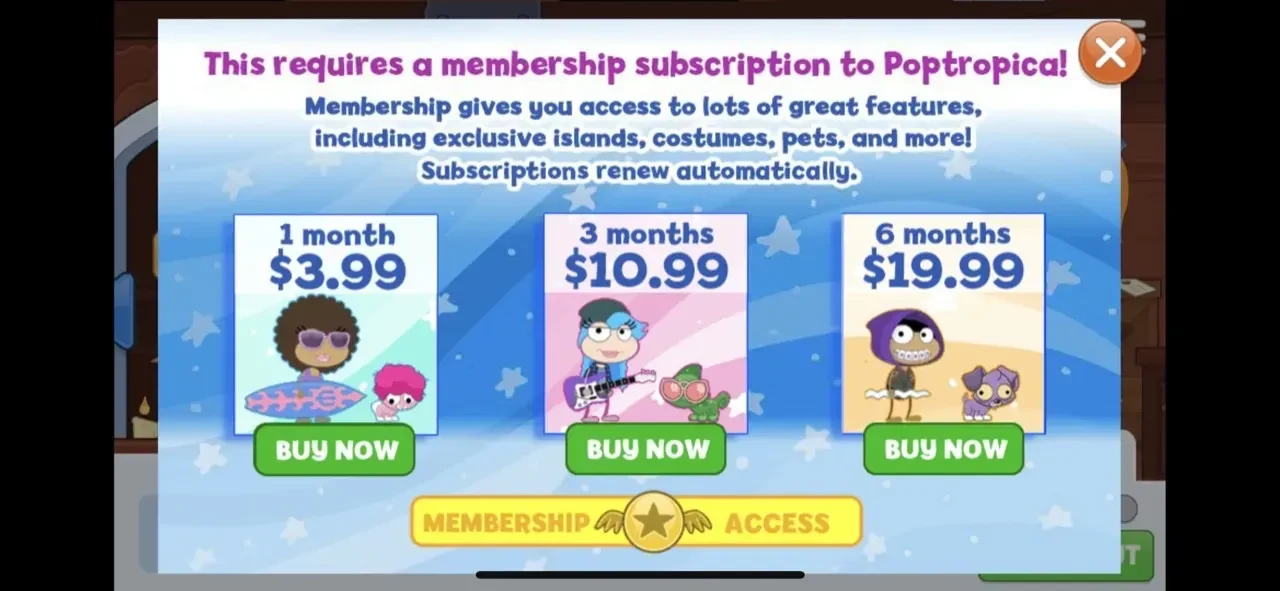 Poptropica paywall screen
