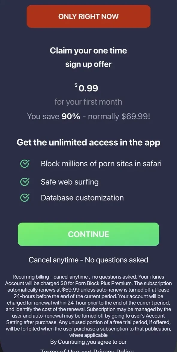 Porn Block Plus paywall screen