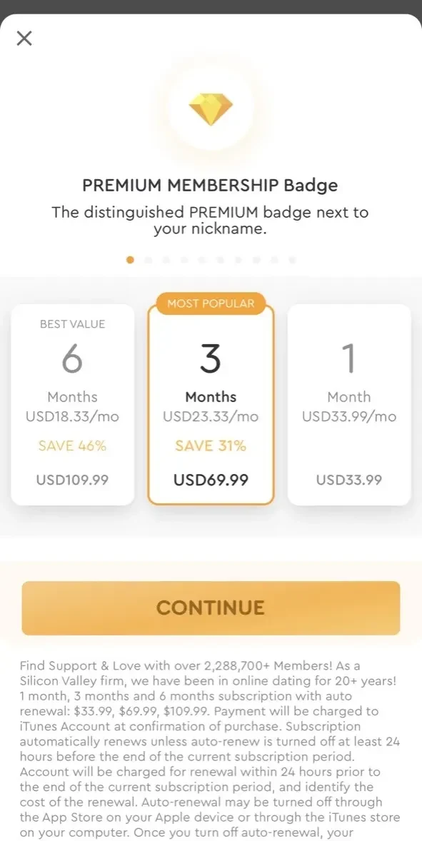 Positive Singles® paywall screen