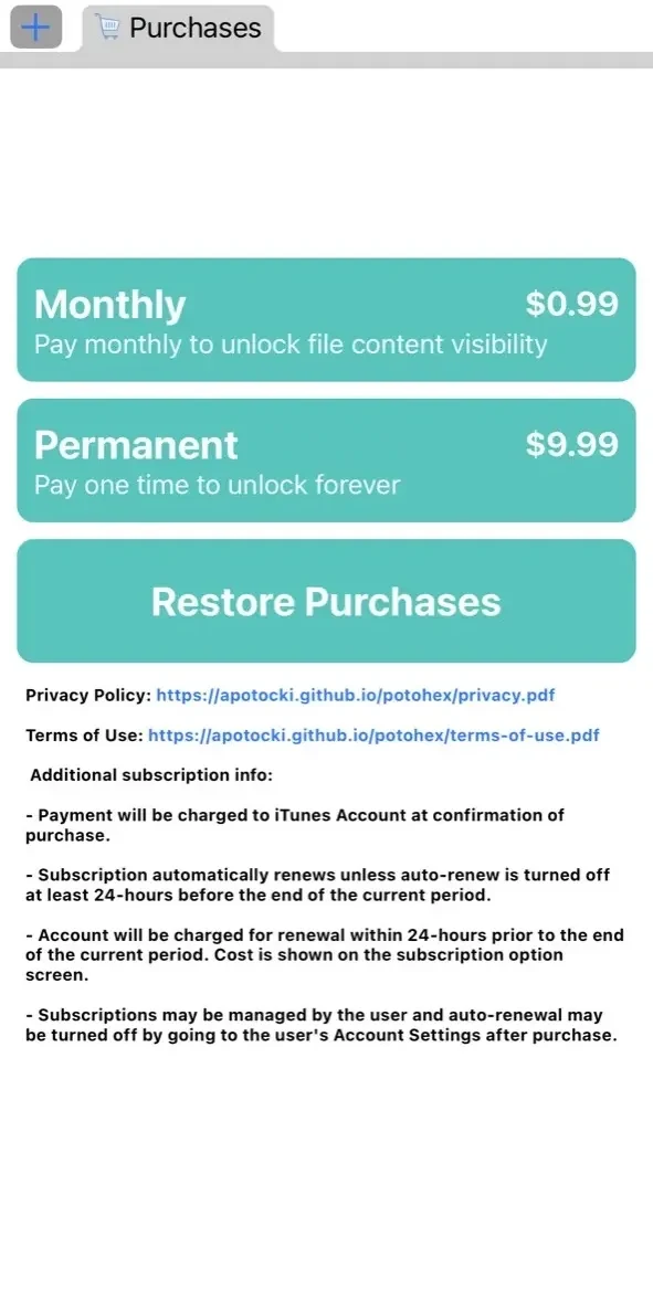 PotoHEX paywall screen