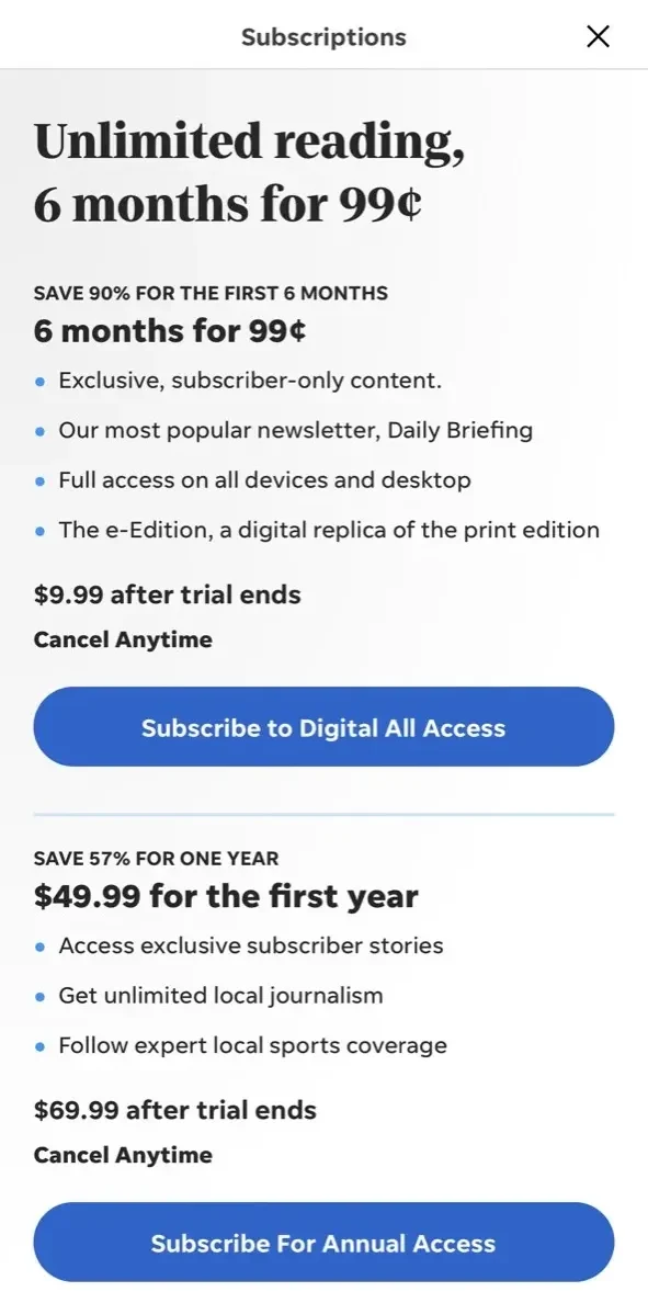 Poughkeepsie Journal paywall screen