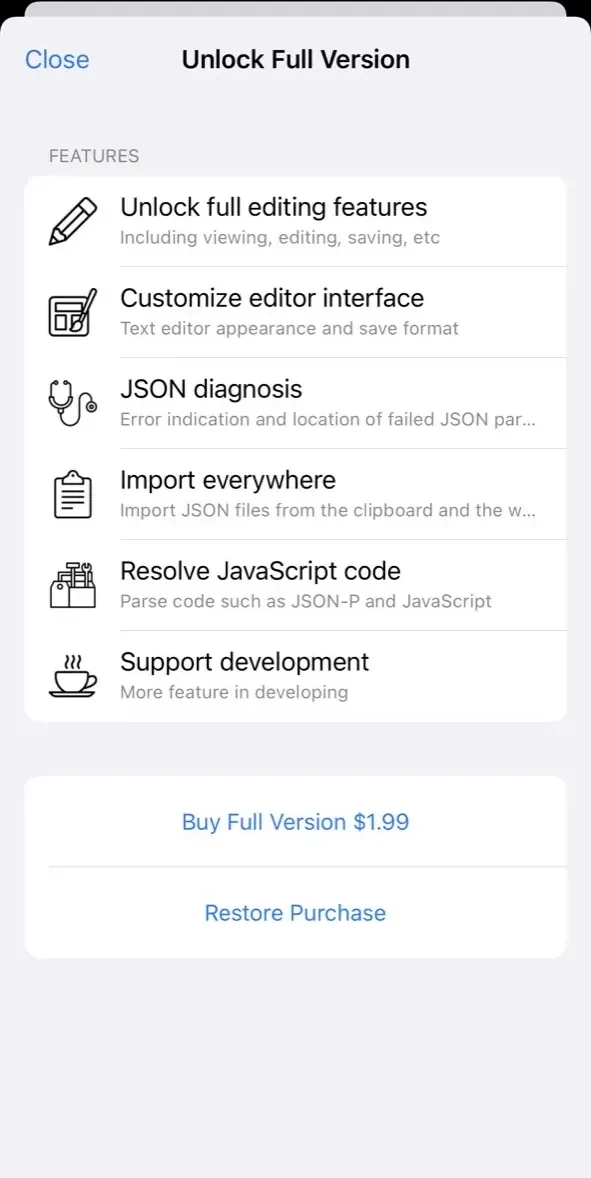 Power JSON Editor Mobile paywall screen