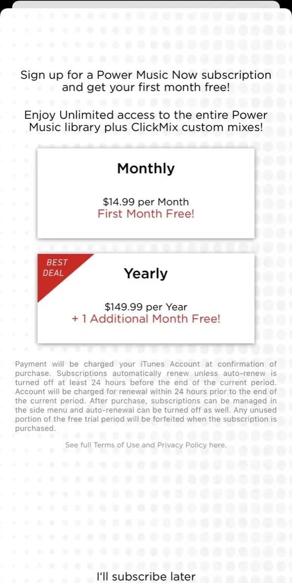 PowerMusicNow paywall screen