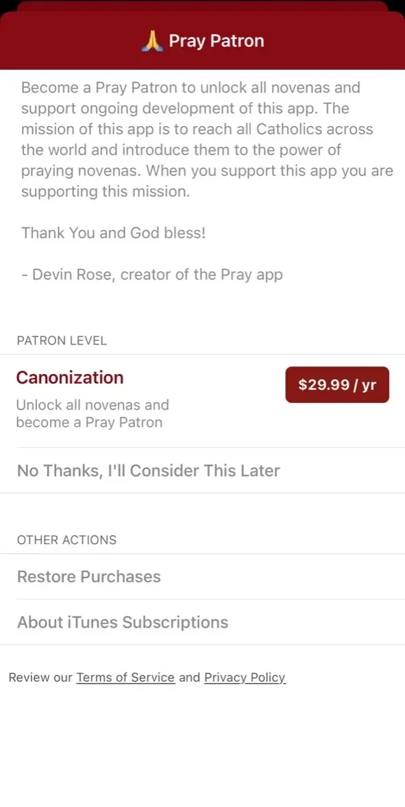 Pray Catholic Prayers paywall screen