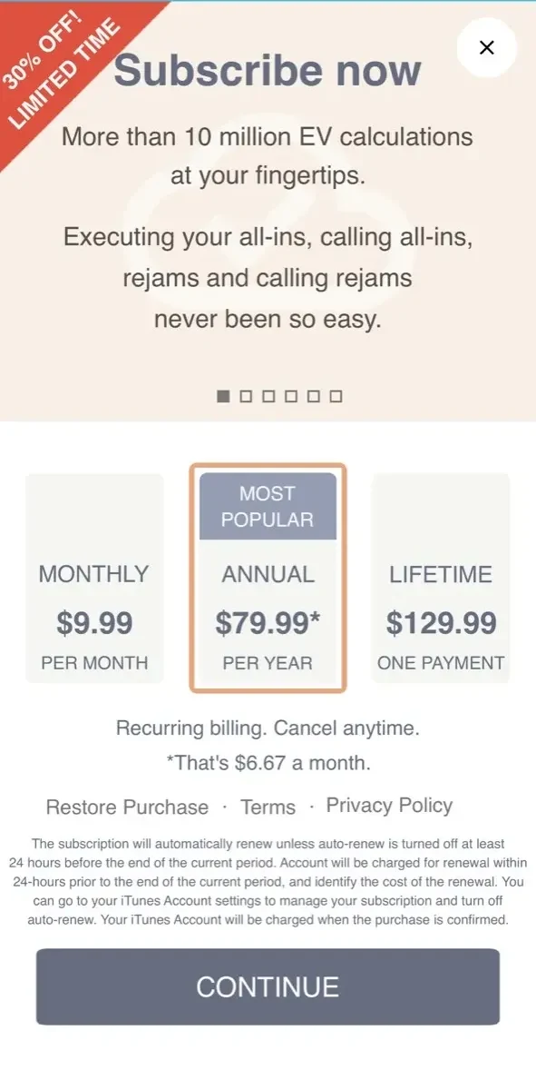 Preflop+ Poker GTO Nash Charts paywall screen