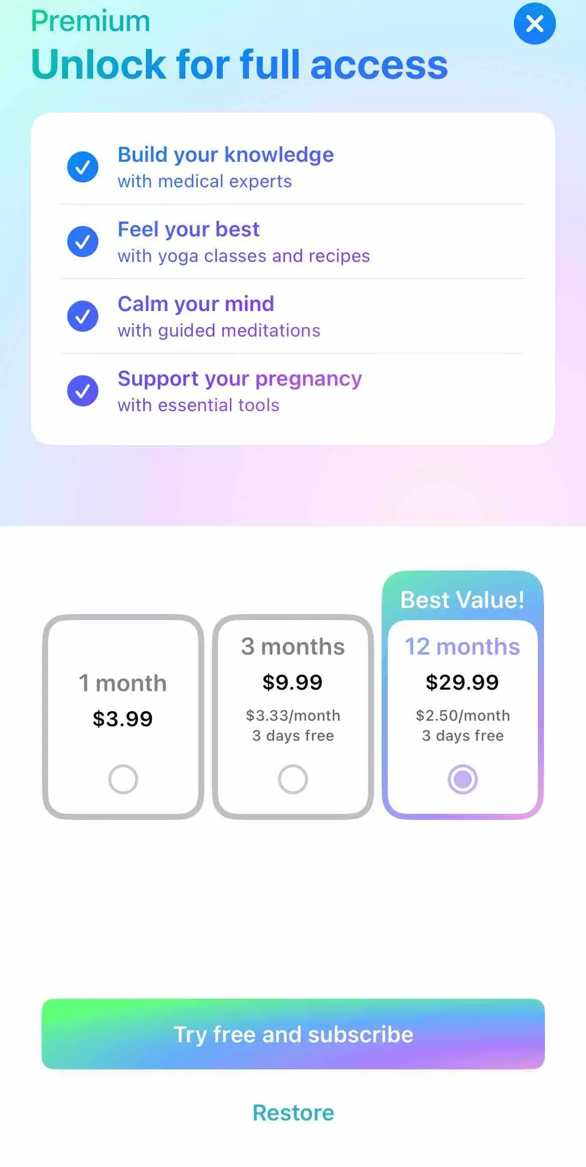 Pregnancy + paywall screen
