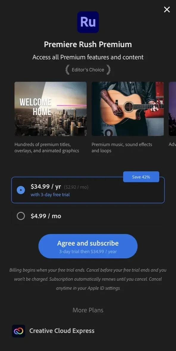 Adobe Premiere Rush paywall screen