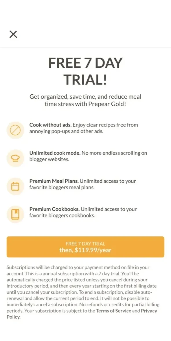 Prepear paywall screen