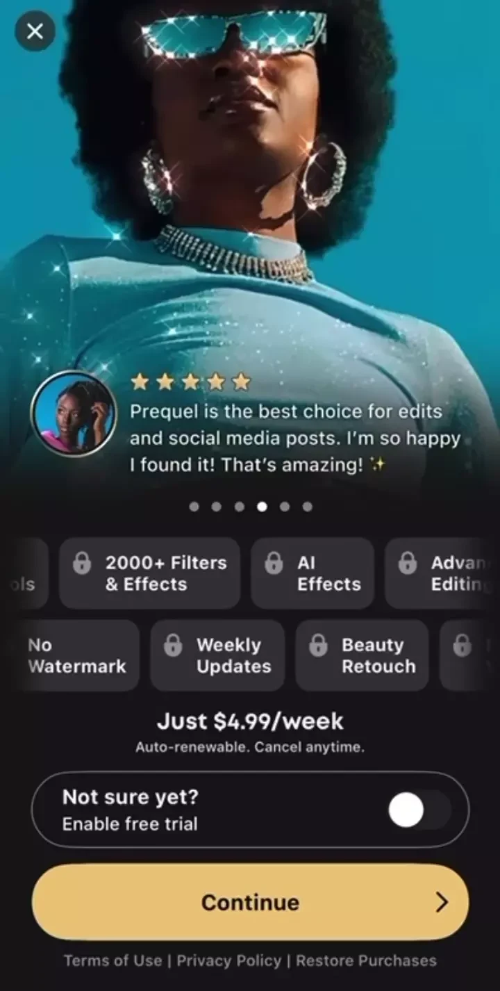 Prequel paywall screen