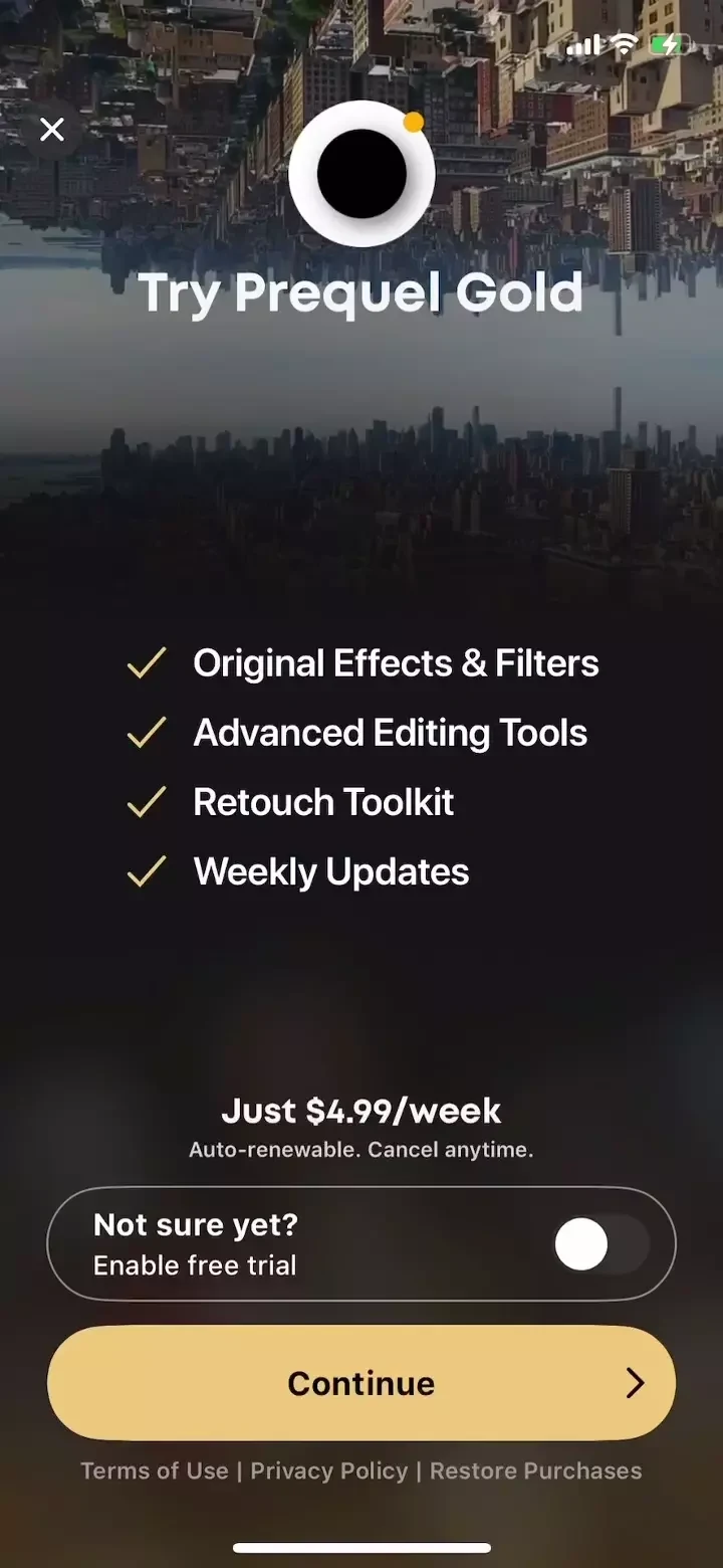 Prequel paywall screen