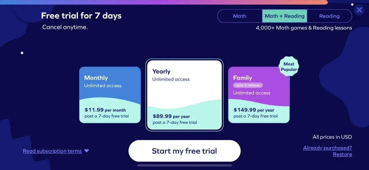 Preschool paywall screen