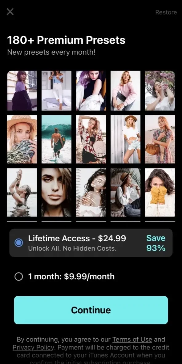 Presets for Lightroom paywall screen