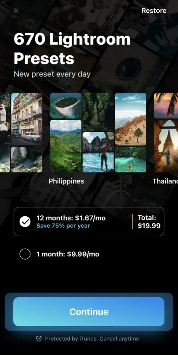 Presets for Lightroom paywall screen