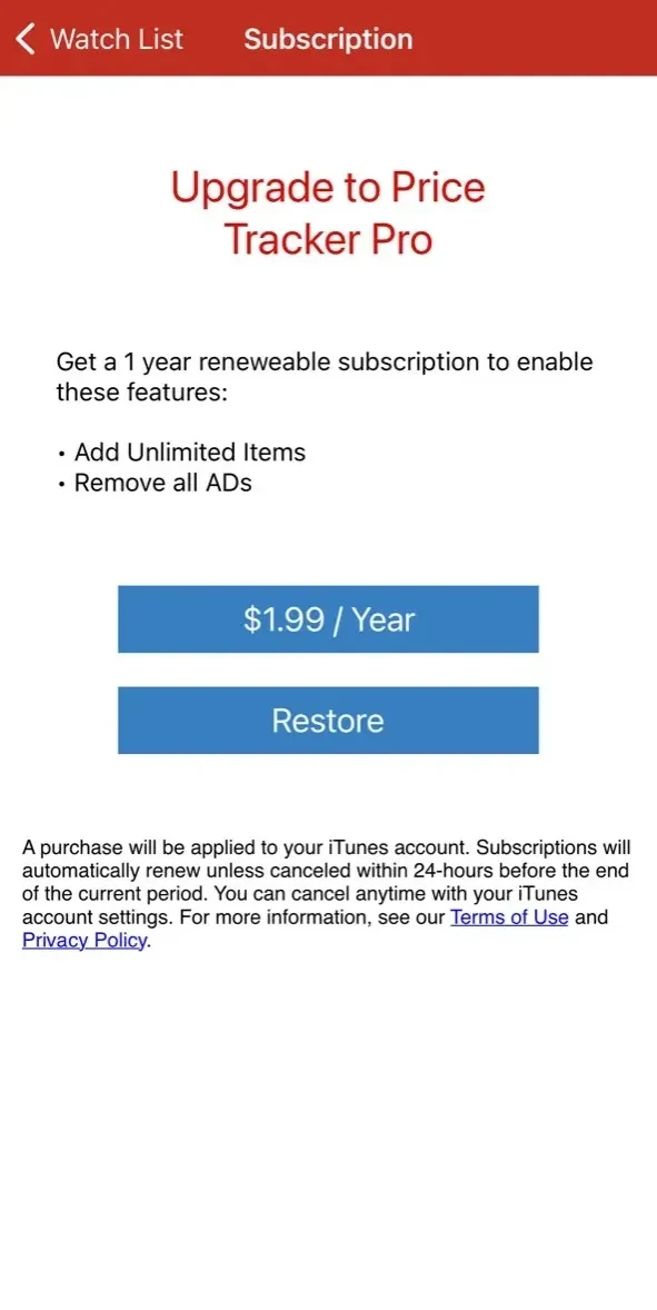 Price Tracker paywall screen