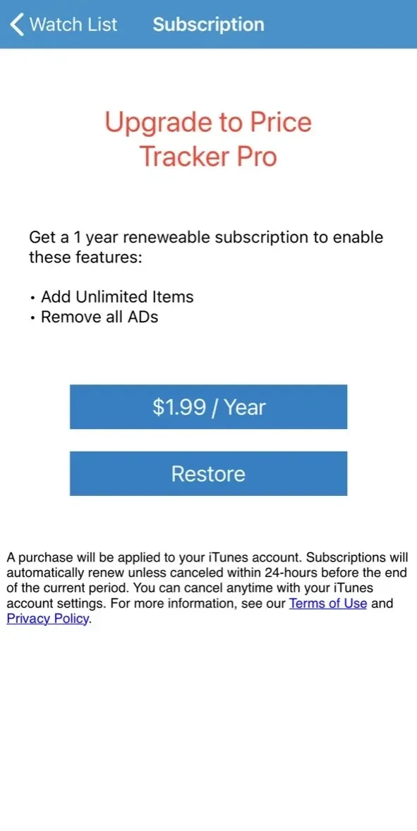 Price Tracker paywall screen