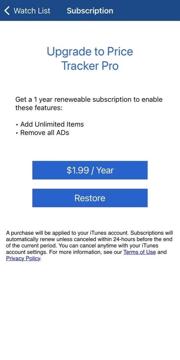 Price Tracker paywall screen