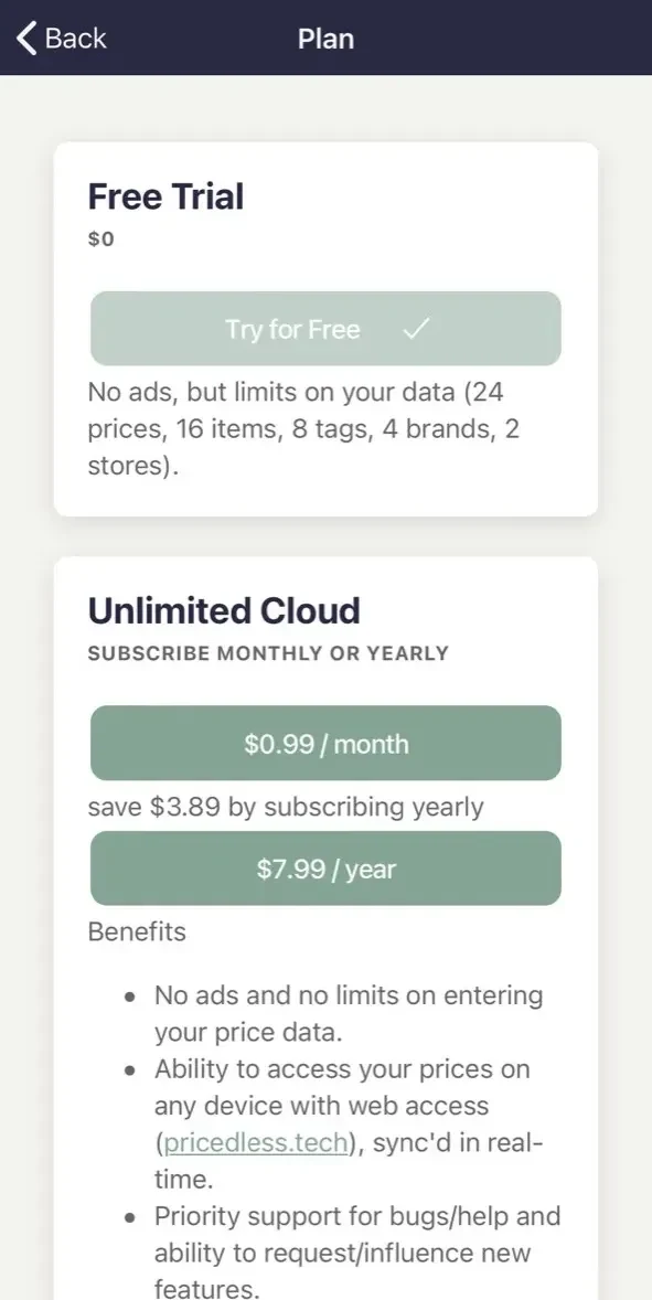 PricedLess paywall screen