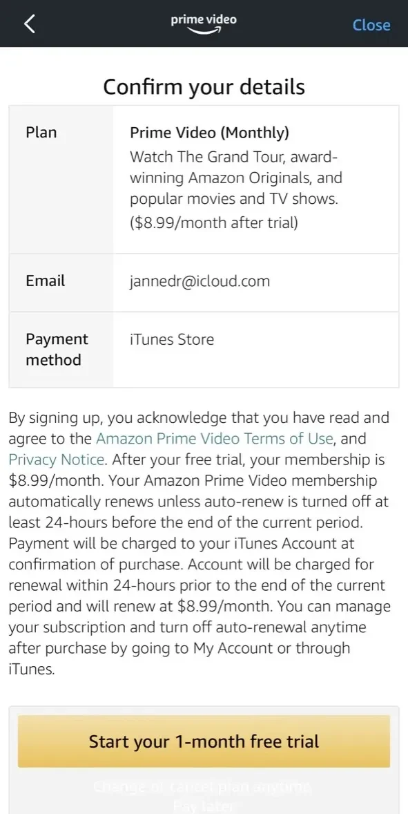 Amazon Prime Video paywall screen