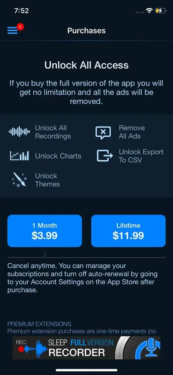 Prime Sleep Recorder paywall screen