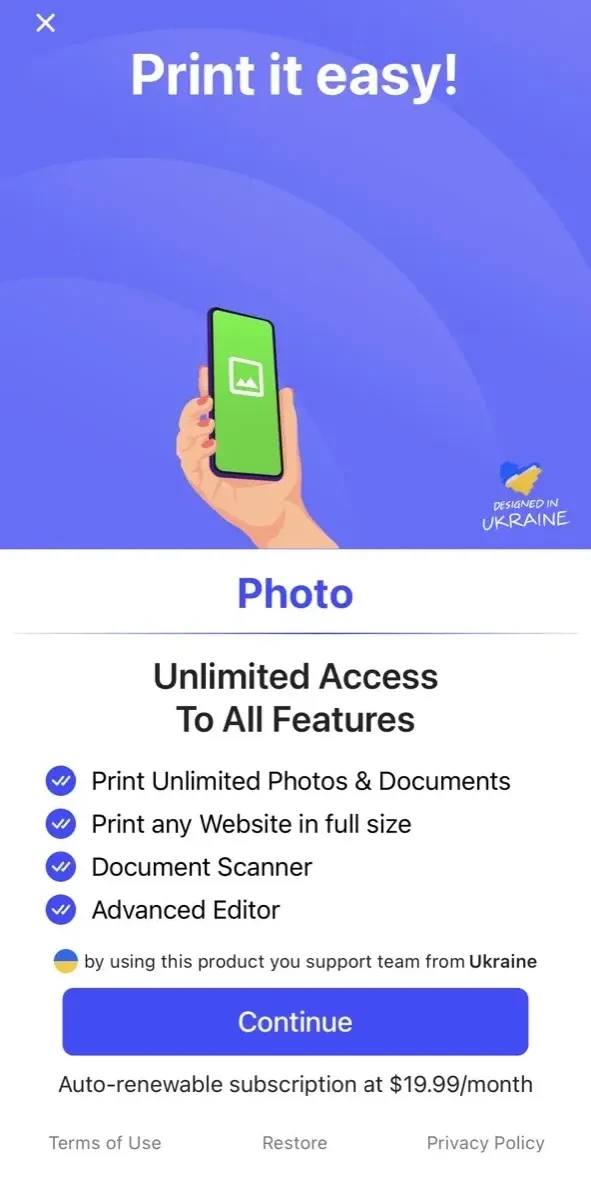 Printer App paywall screen