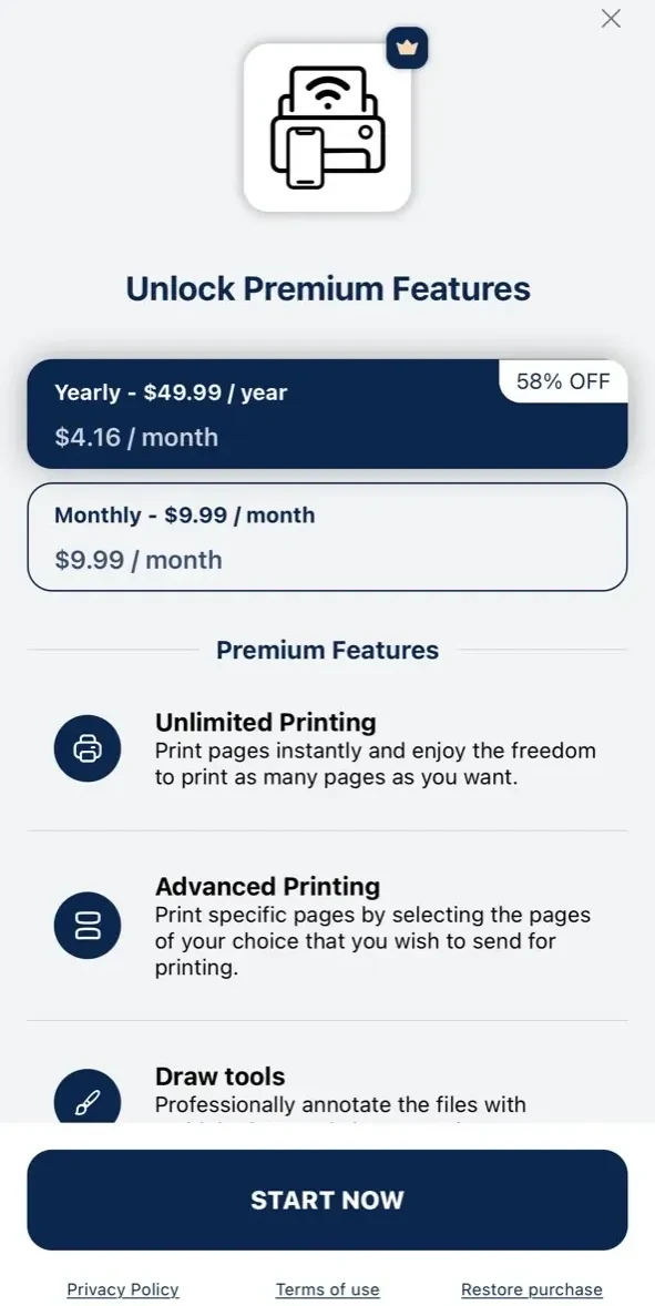 Printer App paywall screen