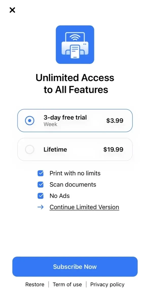 Printer App paywall screen