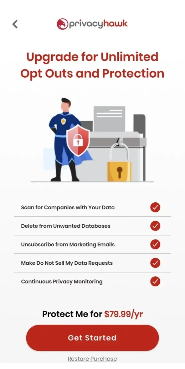 PrivacyHawk paywall screen