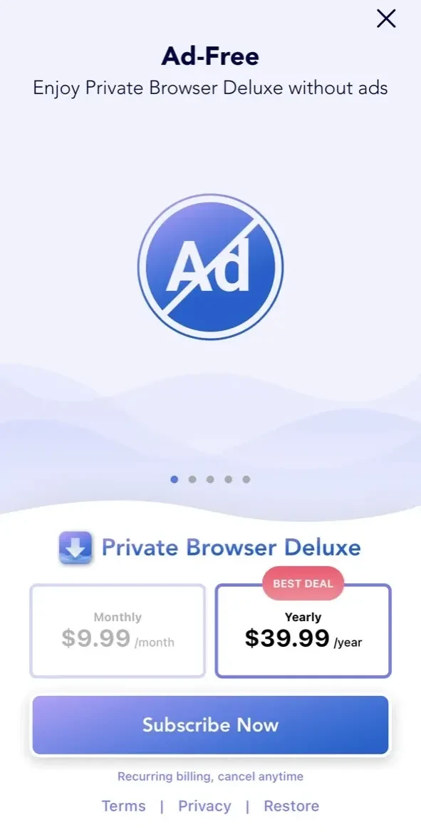 Private Browser Deluxe paywall screen