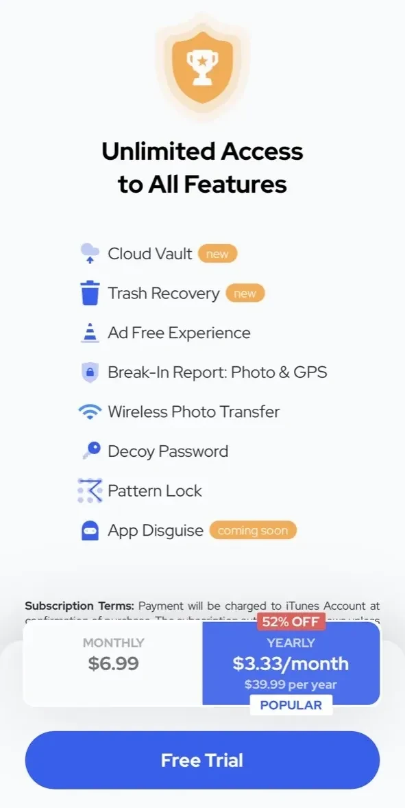 Private Photo Vault paywall screen